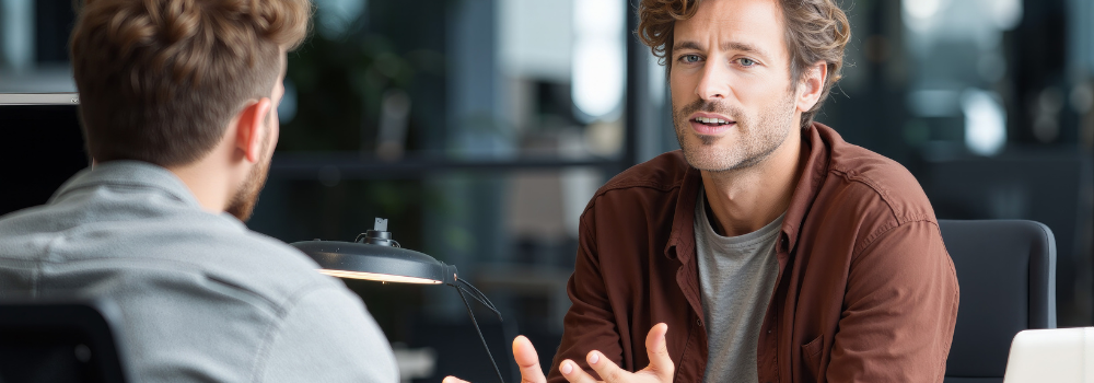 Two professionals having a discussion in an office setting, representing collaboration, feedback, and governance in monitoring workforce health within mental health services.