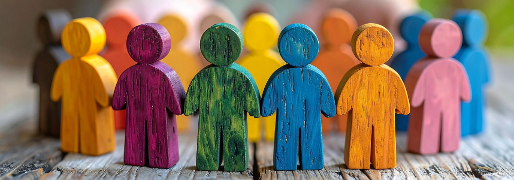 Colourful wooden human figures standing together in a group, symbolising inclusion, diversity and unity in mental health services.